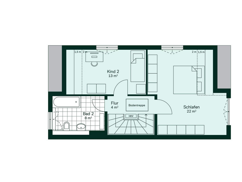 Grundriss des Obergeschosses des Doppelhauses im Quartier Wurmta