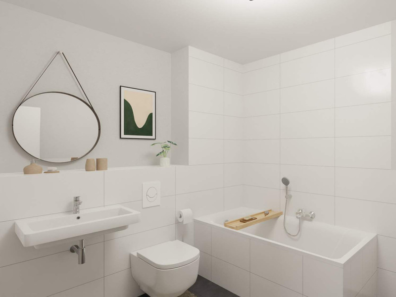 Modern gefliestes Badezimmer mit Badewanne