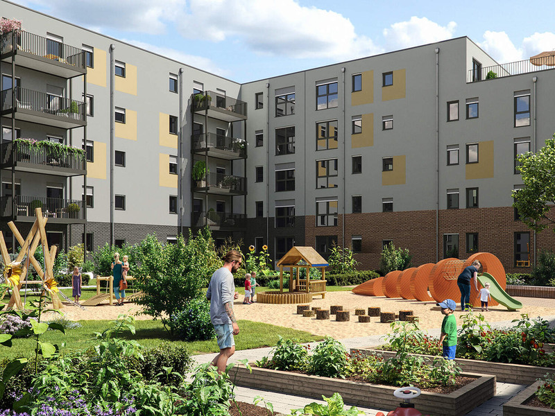 Individuell gestalteter Hof mit Garten und Spielplatz