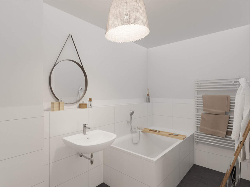 Modern gefliestes Badezimmer mit Badewanne