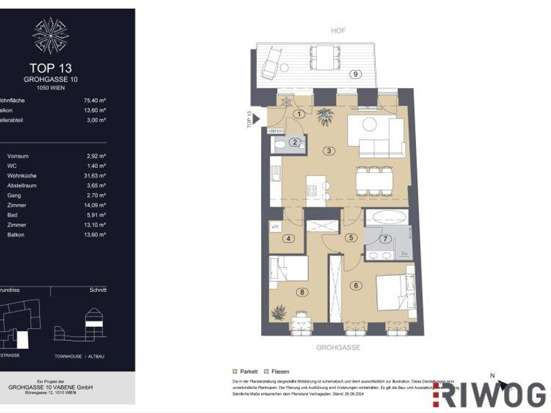 GROHGASSE 10 | 3-Zimmer Altbauwohnung mit großzügigem Innenhofbalkon im 2. Liftstock | Erstbezug n