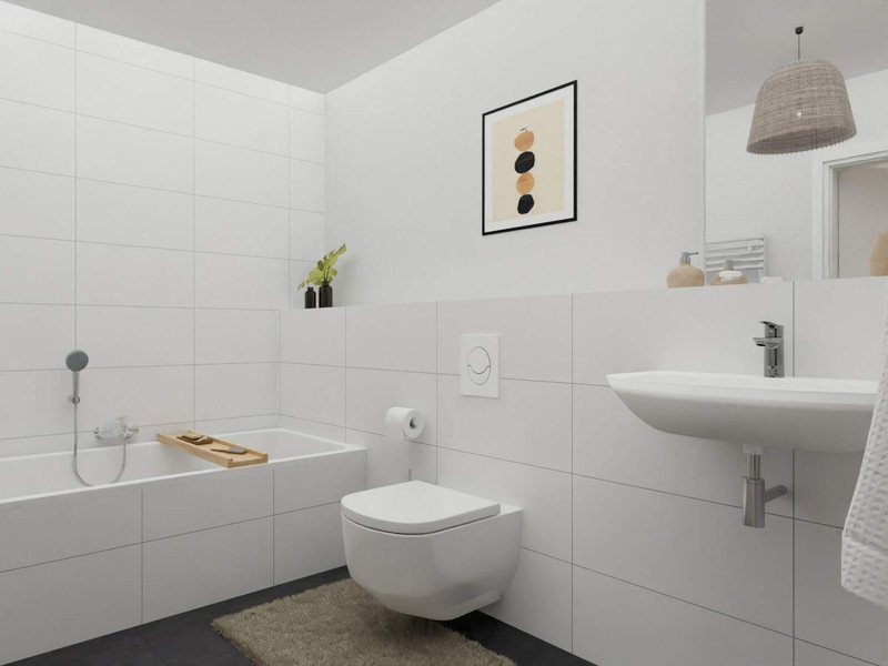 Modern gefliestes Badezimmer mit Badewanne